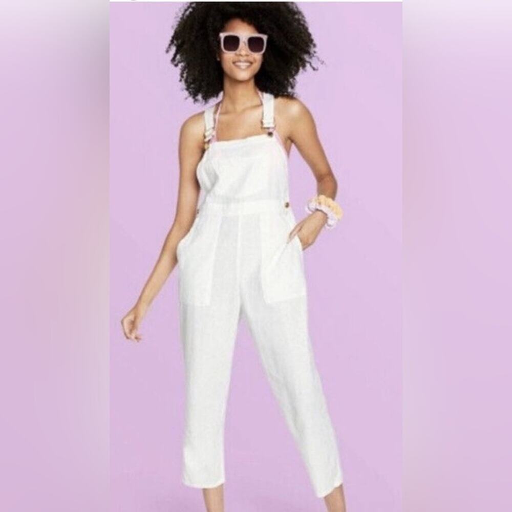 UEC Stoney Clover Lane White Linen Rayon Blend Cropped Overalls SZ M